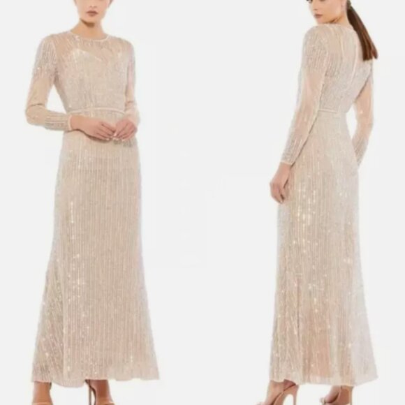 MAC DUGGAL 93629 SEQUINED HIGH NECK LONG SLEEVE TRUMPET ROSE GOLD GOWN sz 16 - Picture 1 of 9